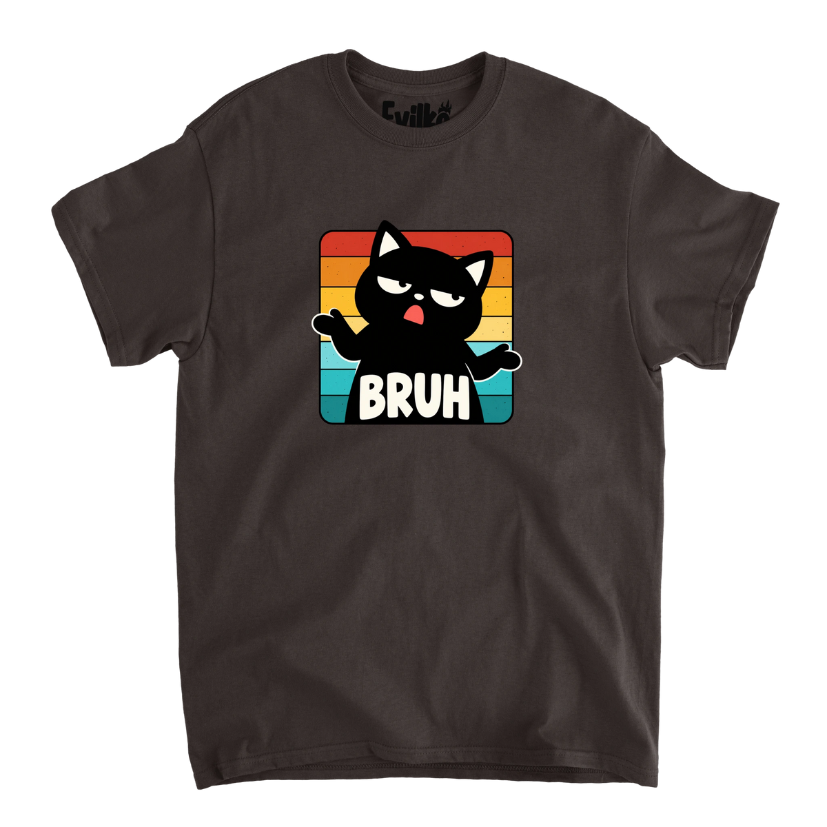 Bruh Retro Stripe Cat — Mens Tee — Dark Chocolate — Front