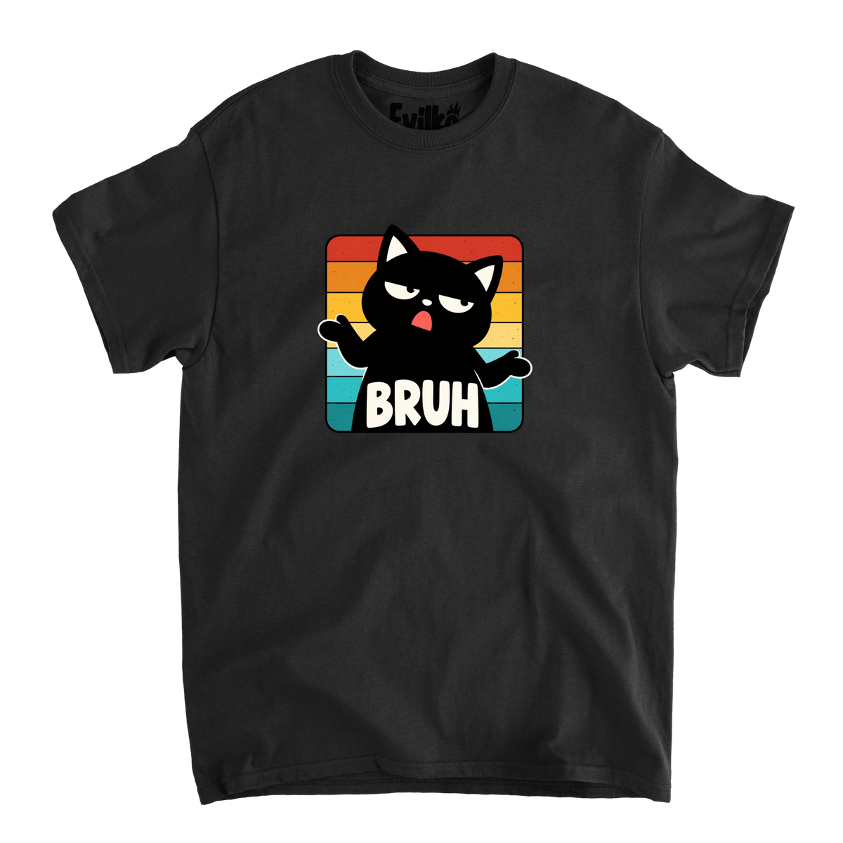 Bruh Retro Stripe Cat — Mens Tee — Black — Front
