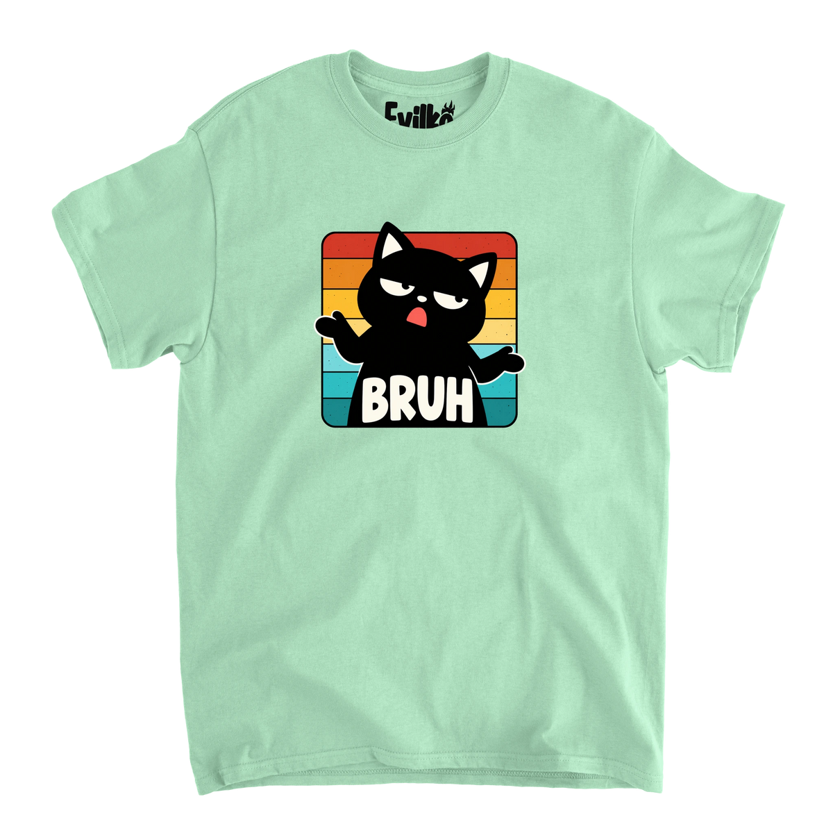 Bruh Retro Stripe Cat — Mens Tee — Mint — Front