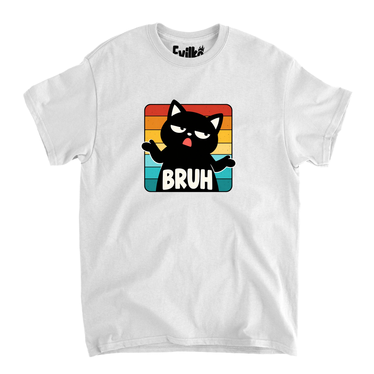 Bruh Retro Stripe Cat — Mens Tee — White — Front