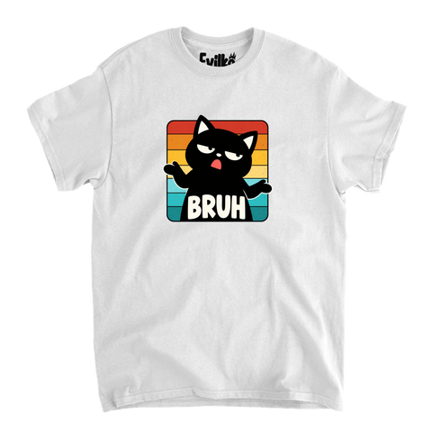 Bruh Retro Stripe Cat — Mens Tee — White — Front