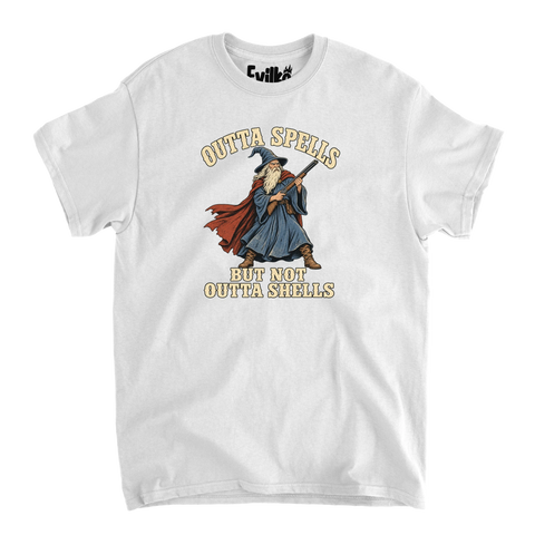 Outta Spells Outta Shells Wizard — Mens Tee — White — Front