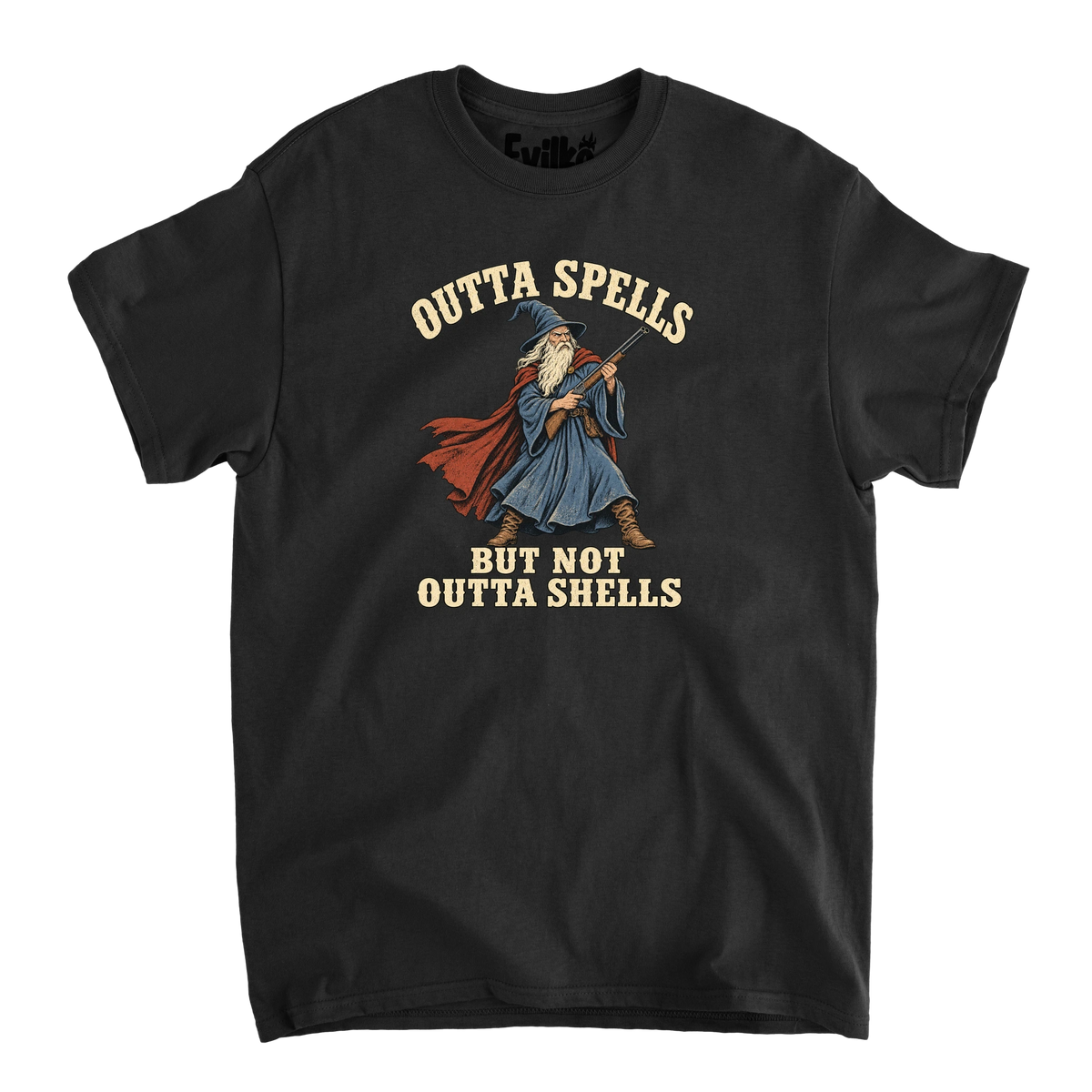 Outta Spells Outta Shells Wizard — Mens Tee — Black — Front