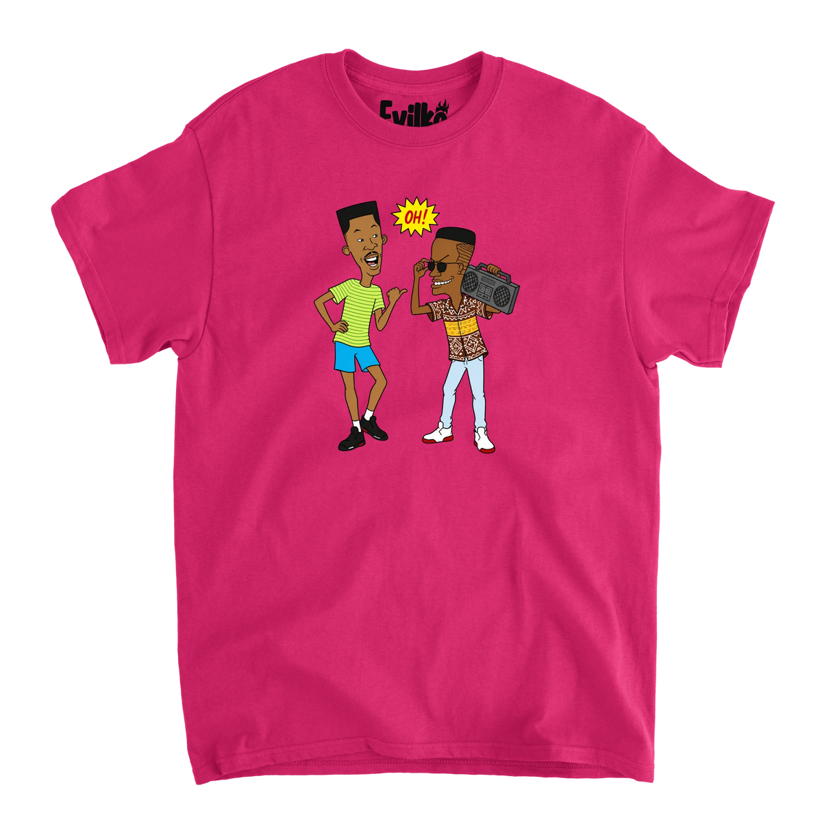 90s Hip Hop Cartoon Duo — Mens Tee — Heliconia — Front