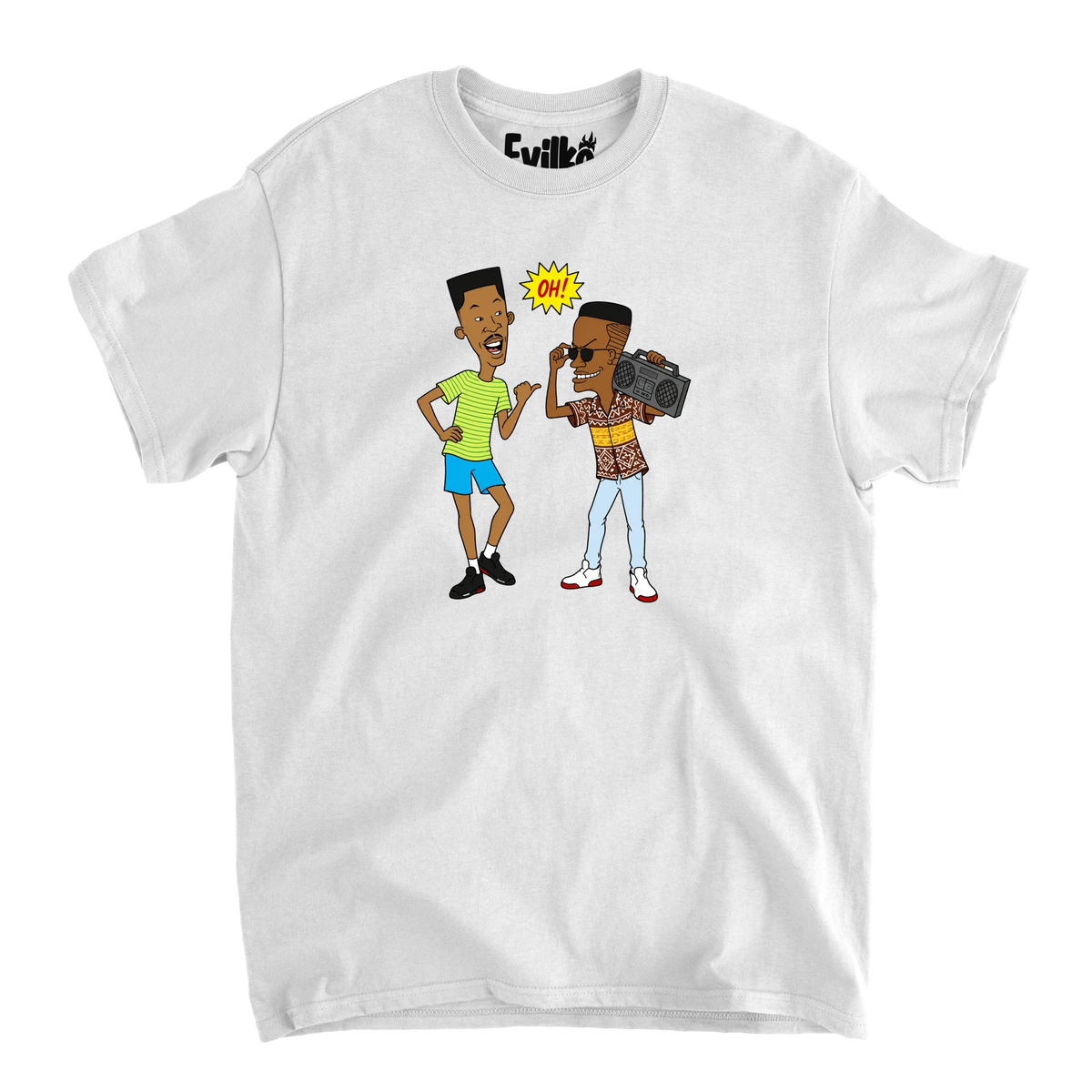 90s Hip Hop Cartoon Duo — Mens Tee — White — Front