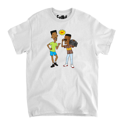 90s Hip Hop Cartoon Duo — Mens Tee — White — Front