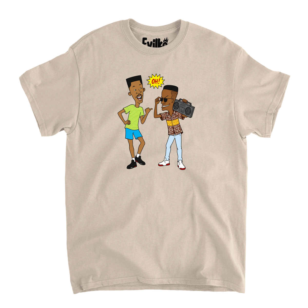 90s Hip Hop Cartoon Duo — Mens Tee — Sand — Front