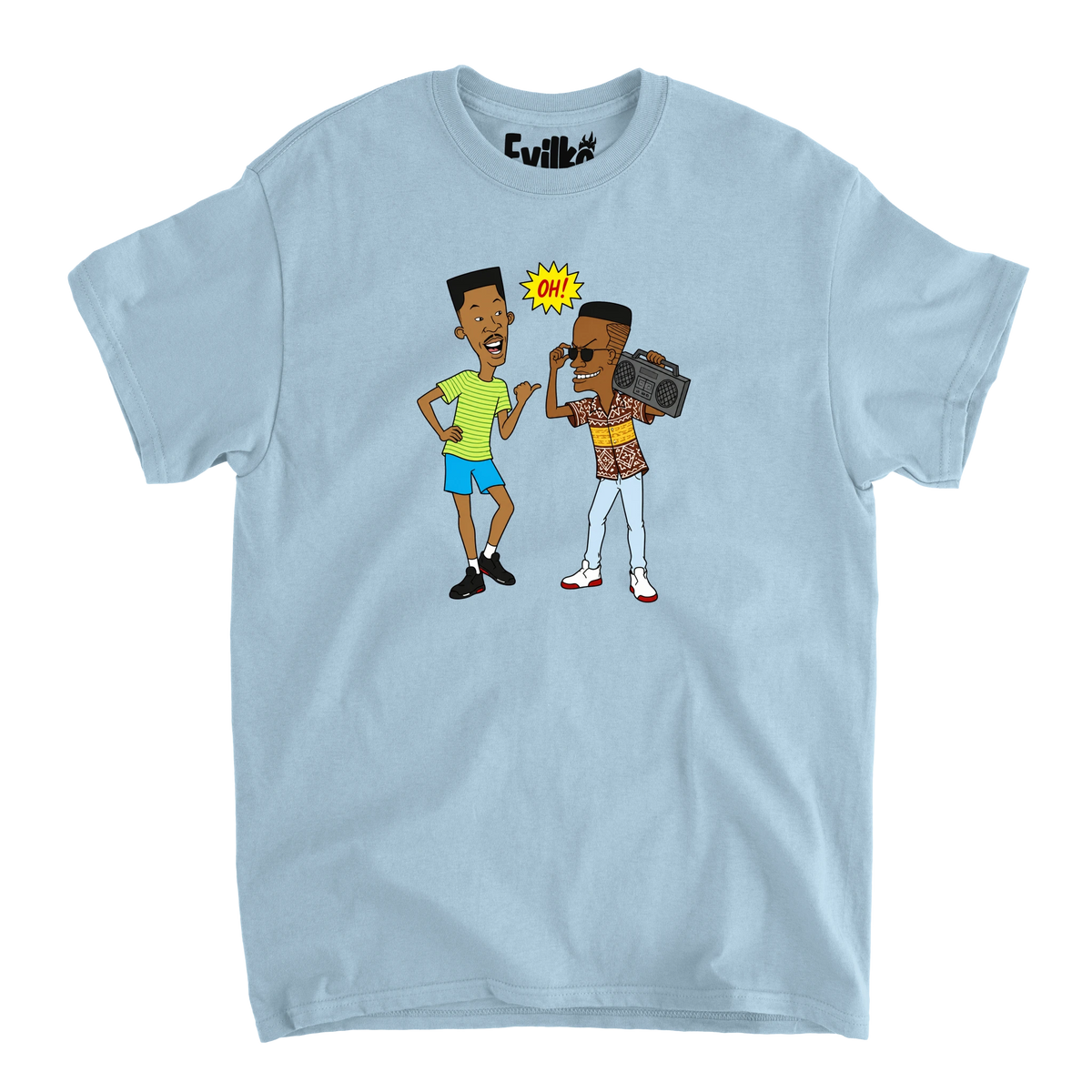 90s Hip Hop Cartoon Duo — Mens Tee — Light Blue — Front