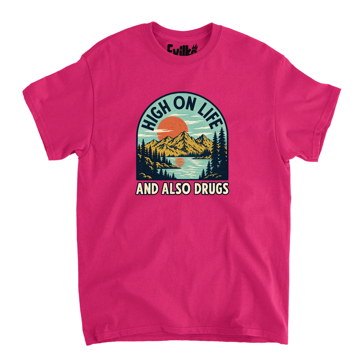 High On Life And Also Drugs — Mens Tee — Heliconia — Front
