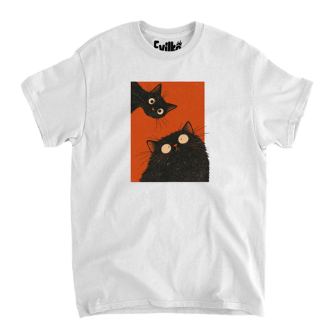 Two Curious Black Cats — Mens Tee — White — Front