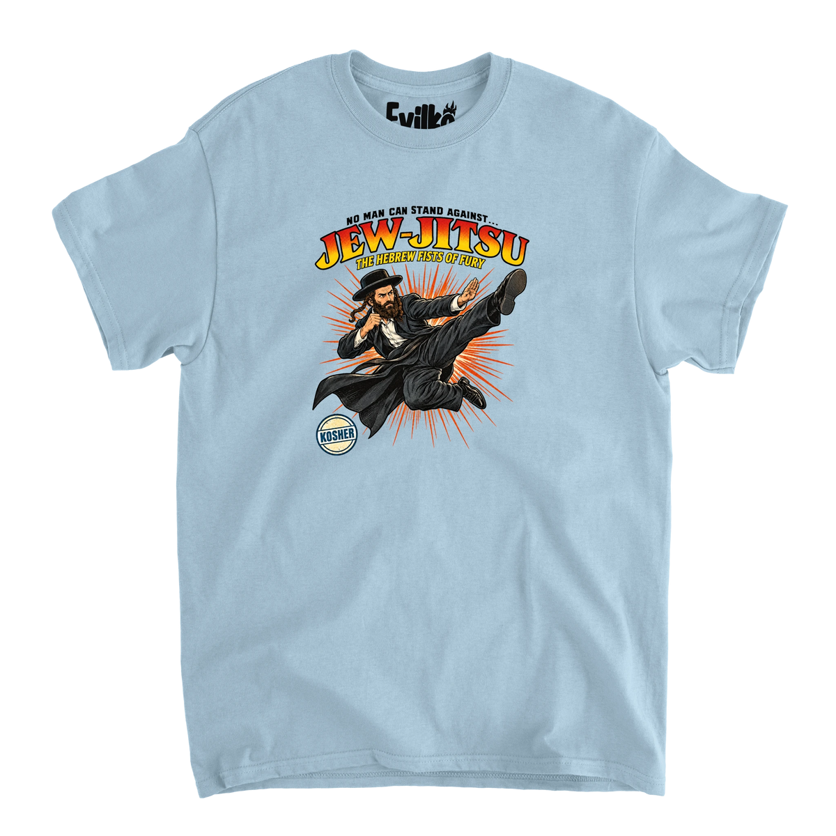 Jew Jitsu Comic — Mens Tee — Light Blue — Front