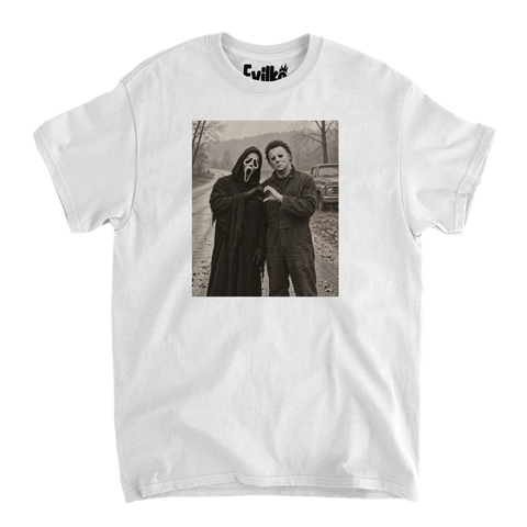 Slasher Friends Heart Halftone Background — Mens Tee — White — Front