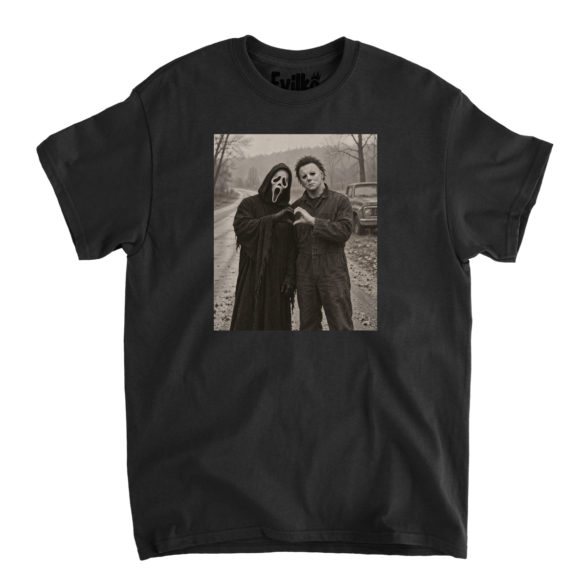 Slasher Friends Heart Halftone Background — Mens Tee — Black — Front
